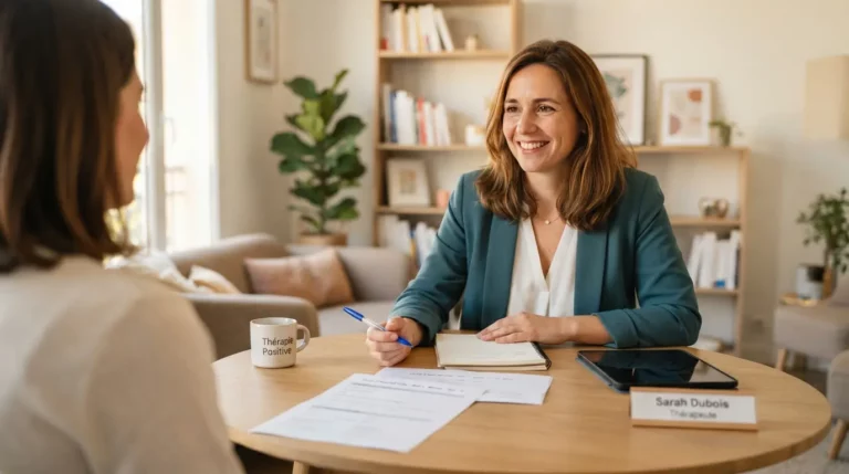 Thérapeute souriante dans un bureau moderne, documents administratifs sur la table, ambiance professionnelle, rassurante et lumineuse.