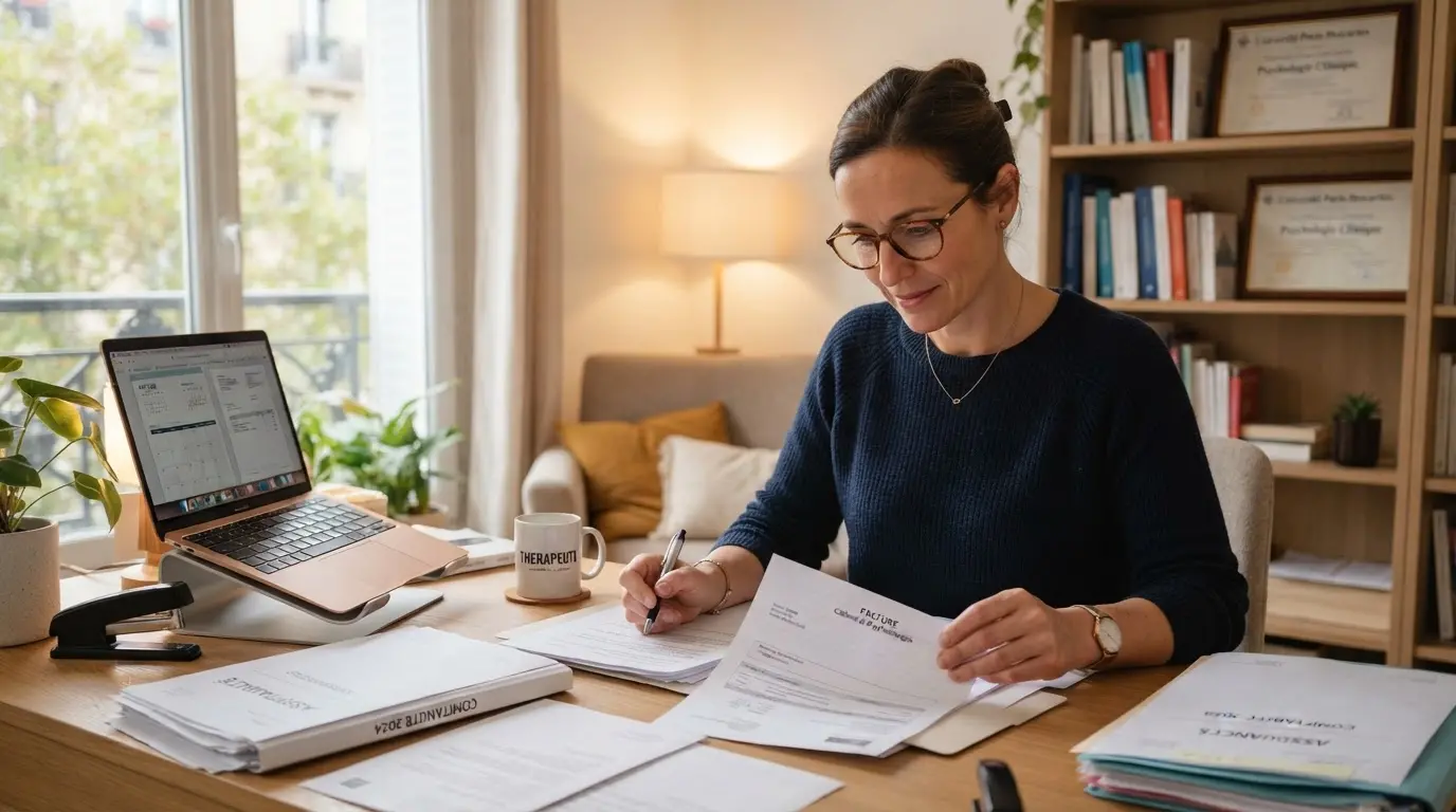 Thérapeute professionnel au bureau, regardant des factures et documents administratifs, ambiance sérieuse, moderne et rassurante, lumière naturelle, style réaliste.