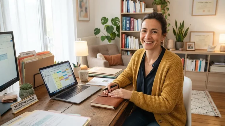 Thérapeute indépendant souriant dans un cabinet lumineux, entouré de documents et ordinateur, évoquant autonomie, sécurité et soutien administratif.