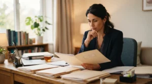 Thérapeute professionnel hésitant devant plusieurs dossiers administratifs sur un bureau, ambiance sérieuse, lumière naturelle, image réaliste et rassurante.