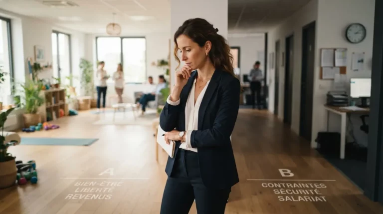 Professionnel du bien-être hésitant entre deux chemins, ambiance de bureau moderne, contraste entre avantages et contraintes, style réaliste et professionnel.