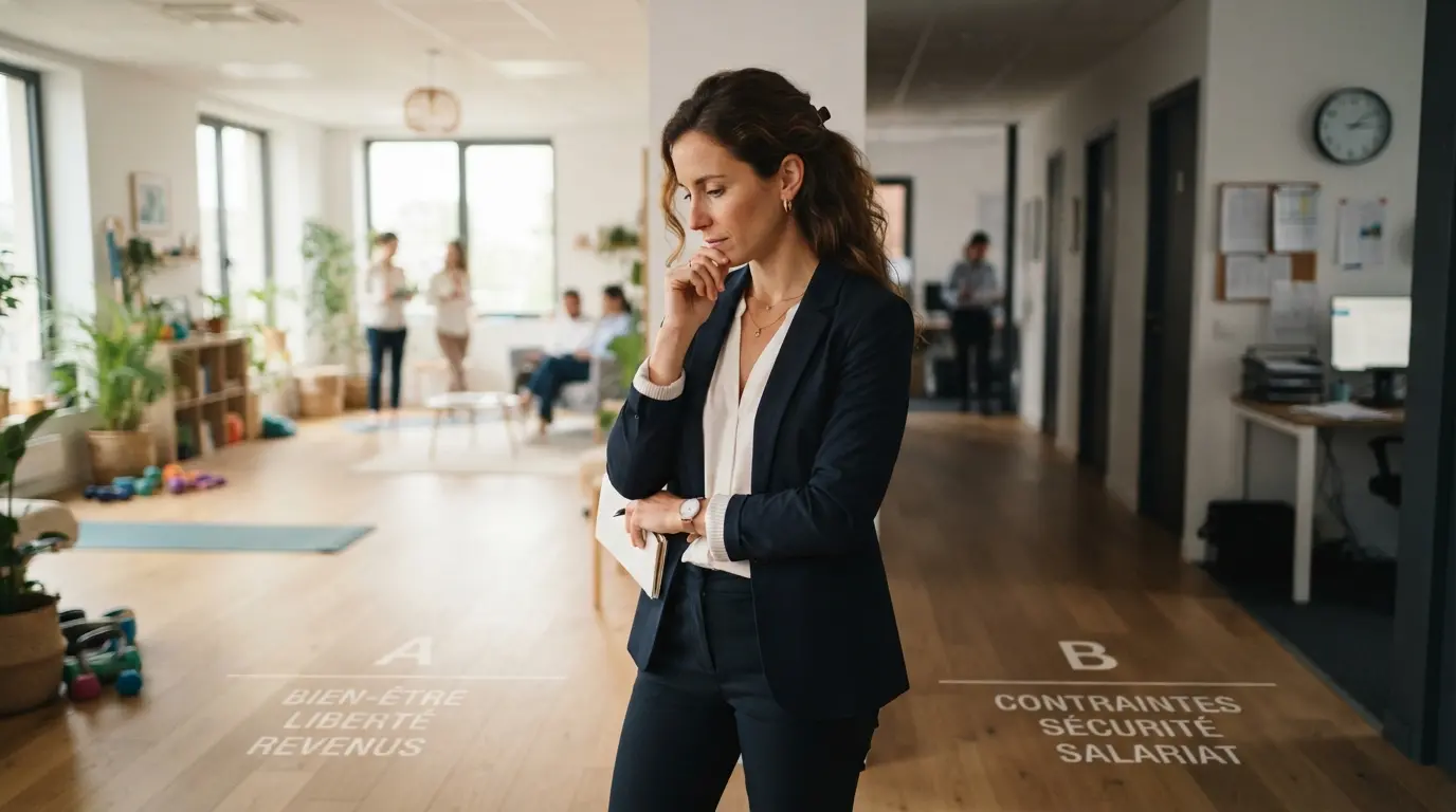 Professionnel du bien-être hésitant entre deux chemins, ambiance de bureau moderne, contraste entre avantages et contraintes, style réaliste et professionnel.