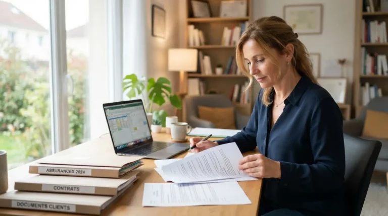 Thérapeute indépendant dans un cabinet lumineux, examinant des contrats d’assurance avec calme, ambiance professionnelle, documents et ordinateur sur le bureau.