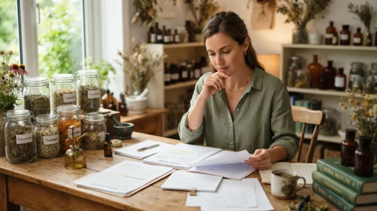 Jeune naturopathe professionnelle à son bureau, réfléchissant devant des documents administratifs, plantes médicinales et lumière naturelle, ambiance sérieuse et rassurante.