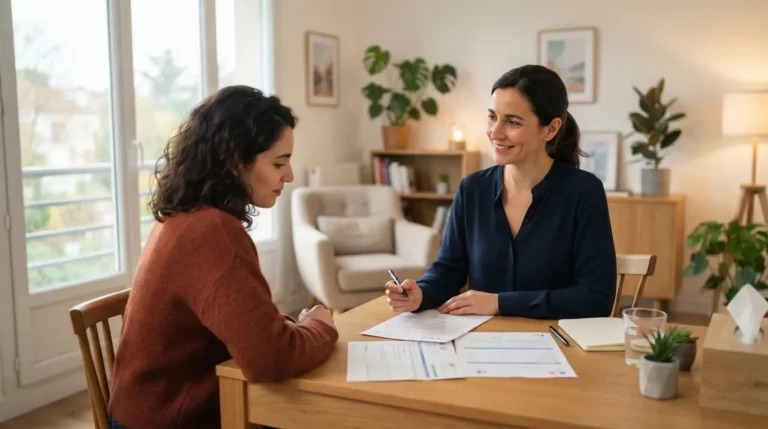 Une sophrologue sereine dans un cabinet lumineux, consultante avec des documents d’assurance, ambiance professionnelle, protection et confiance, style réaliste.