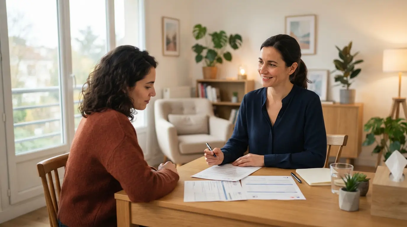 Une sophrologue sereine dans un cabinet lumineux, consultante avec des documents d’assurance, ambiance professionnelle, protection et confiance, style réaliste.