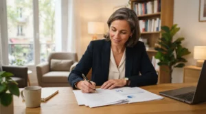 Thérapeute indépendant dans un bureau lumineux, examinant des documents juridiques avec un stylo, ambiance professionnelle, rassurante et moderne.