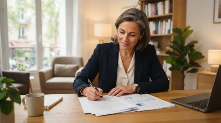 Thérapeute indépendant dans un bureau lumineux, examinant des documents juridiques avec un stylo, ambiance professionnelle, rassurante et moderne.