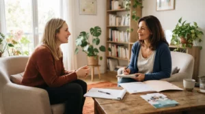 Une sophrologue professionnelle dans un bureau lumineux, discutant avec un client, documents administratifs visibles, ambiance sereine et entrepreneuriale.