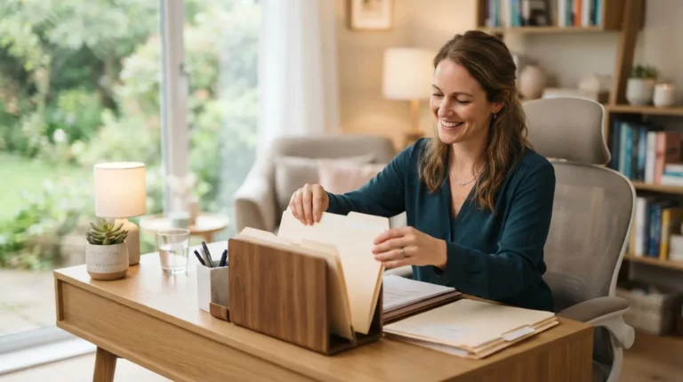 Thérapeute souriant rangeant des dossiers administratifs sur un bureau épuré, atmosphère apaisée, lumière naturelle, image réaliste et professionnelle.