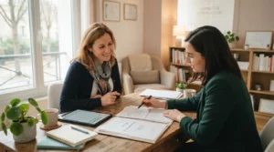 Sophrologue indépendante dans un cabinet lumineux, discutant de documents administratifs avec un conseiller, ambiance professionnelle, calme et rassurante.