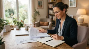 Thérapeute indépendant dans un cabinet lumineux, consultant ses factures et un carnet de dépenses, ambiance professionnelle, réaliste et rassurante.