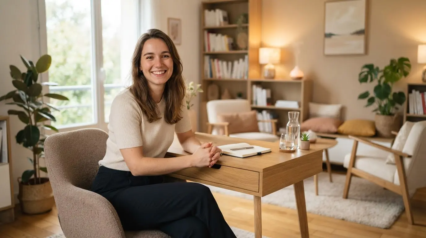 Jeune sophrologue souriante dans un cabinet apaisant, bureau accueillant, lumière naturelle, ambiance professionnelle et sereine, prête à recevoir ses clients.