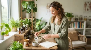 Cabinet de naturopathie moderne et lumineux, praticienne préparant son espace de travail, plantes vertes,