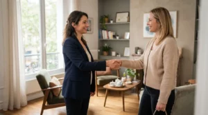 Une sophrologue accueillant une cliente dans un cabinet lumineux, ambiance professionnelle, chaleureuse et inspirante, évoquant développement d’activité et confiance.