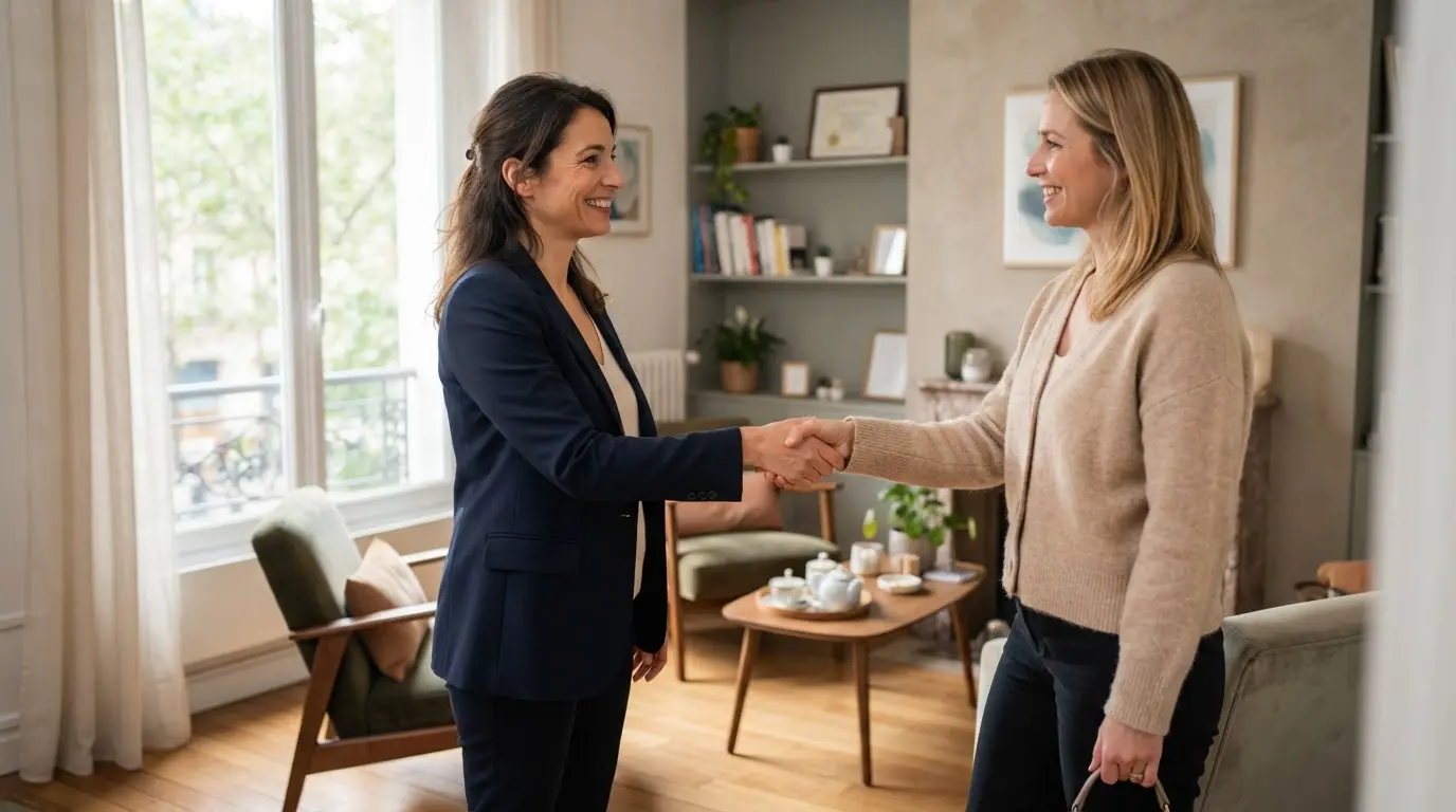 Une sophrologue accueillant une cliente dans un cabinet lumineux, ambiance professionnelle, chaleureuse et inspirante, évoquant développement d’activité et confiance.