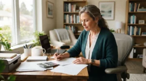 Thérapeute indépendant dans un bureau lumineux, examinant des documents et une calculatrice, ambiance professionnelle, réaliste, rassurante et claire.