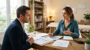 Naturopathe dans un cabinet lumineux, échange professionnel avec un client, documents financiers sur la table, ambiance réaliste évoquant revenus et perspectives de carrière.