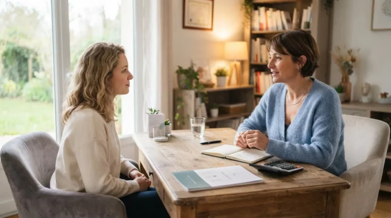 Une sophrologue en consultation avec un client, bureau lumineux, documents de tarifs et calculatrice, ambiance professionnelle et rassurante.