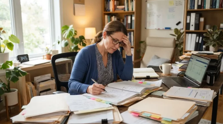 Thérapeute indépendant dans un bureau lumineux, entouré de dossiers et d’un ordinateur, illustrant la nécessité d’un soutien administratif professionnel.