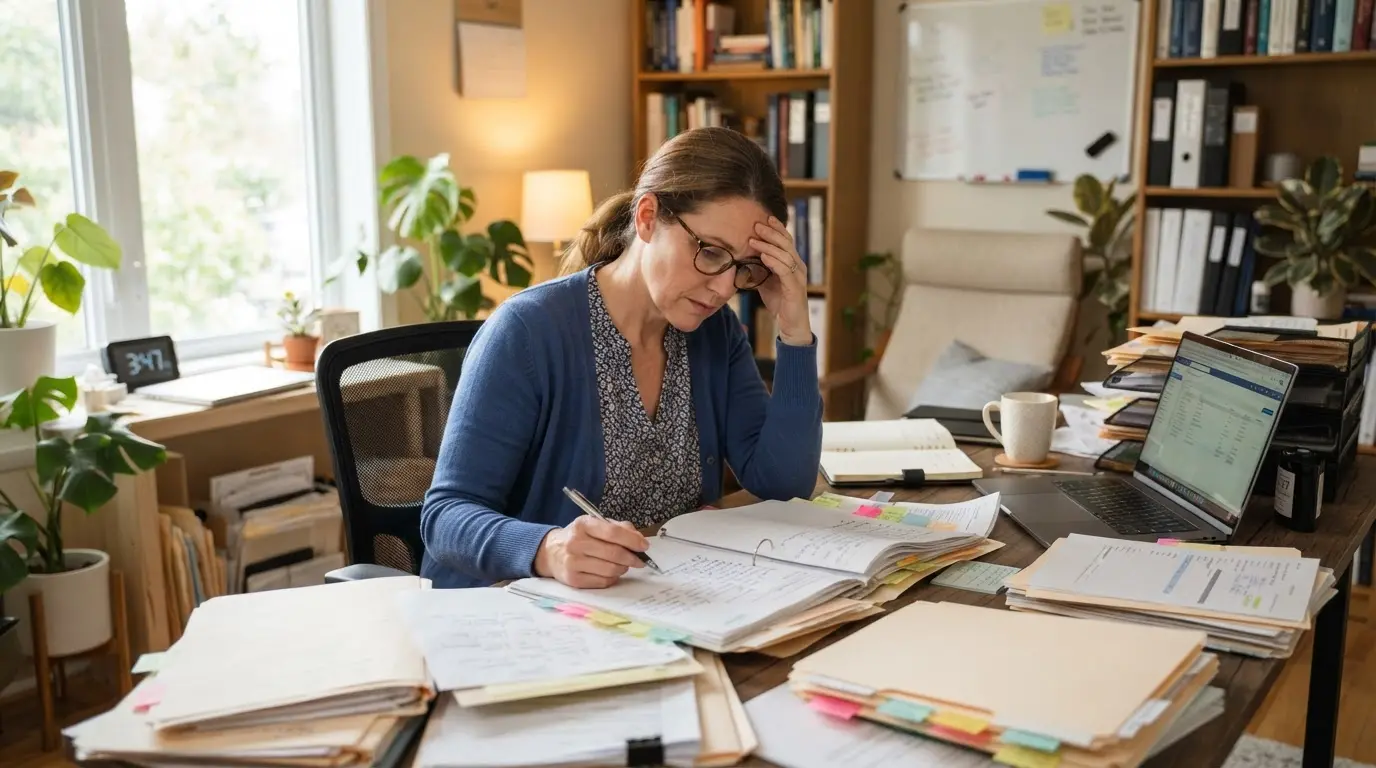 Thérapeute indépendant dans un bureau lumineux, entouré de dossiers et d’un ordinateur, illustrant la nécessité d’un soutien administratif professionnel.