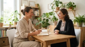 Naturopathe souriante recevant une cliente dans un cabinet lumineux, ambiance professionnelle, plantes vertes, carnet de suivi, atmosphère de confiance et croissance.