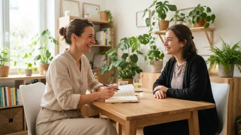 Naturopathe souriante recevant une cliente dans un cabinet lumineux, ambiance professionnelle, plantes vertes, carnet de suivi, atmosphère de confiance et croissance.