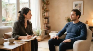 Une sophrologue professionnelle en consultation dans un cabinet lumineux, avec carnet, client détendu et ambiance sobre évoquant