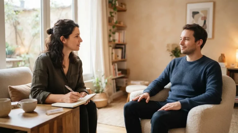 Une sophrologue professionnelle en consultation dans un cabinet lumineux, avec carnet, client détendu et ambiance sobre évoquant