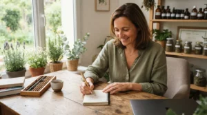 Naturopathe dans un cabinet lumineux, calculant des tarifs sur un carnet, ambiance professionnelle, plantes médicinales discrètes, image réaliste et rassurante.