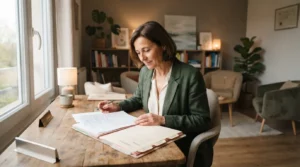 Cabinet de sophrologie, praticien calme examinant des dossiers administratifs, ambiance professionnelle et rassurante, lumière douce, décor moderne, image réaliste.