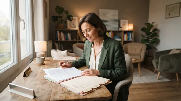 Cabinet de sophrologie, praticien calme examinant des dossiers administratifs, ambiance professionnelle et rassurante, lumière douce, décor moderne, image réaliste.