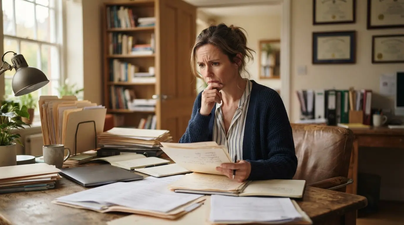 Thérapeute indépendant à son bureau, entouré de dossiers administratifs, expression préoccupée, ambiance professionnelle réaliste, lumière naturelle, composition soignée.