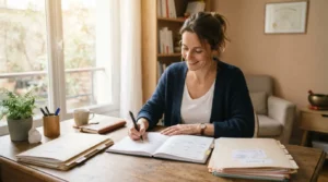 Sophrologue dans un cabinet lumineux, organisant son agenda avec des dossiers, un carnet ouvert et une ambiance sereine, professionnelle et réaliste.
