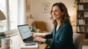 Thérapeute indépendant souriant à son bureau, rédigeant une facture claire sur ordinateur portable, ambiance professionnelle, lumineuse et rassurante.