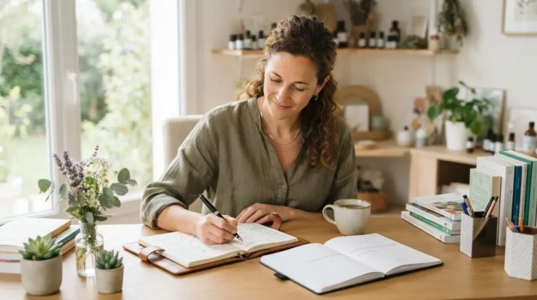 Cabinet de naturopathe lumineux, bureau bien rangé avec carnet, plantes et planning, ambiance professionnelle apaisante, personne organisant sa journée.