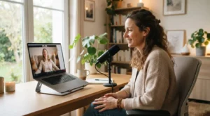 Professionnelle de la sophrologie animant une séance en ligne depuis un bureau apaisant, avec client détendu à l’écran, ambiance lumineuse.