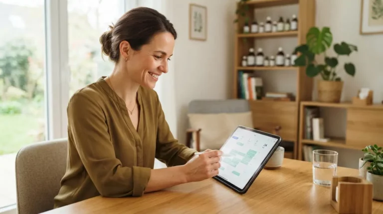 Naturopathe dans un cabinet lumineux consultant un agenda numérique moderne, ambiance professionnelle, illustration réaliste d’une prise de rendez-vous en ligne.